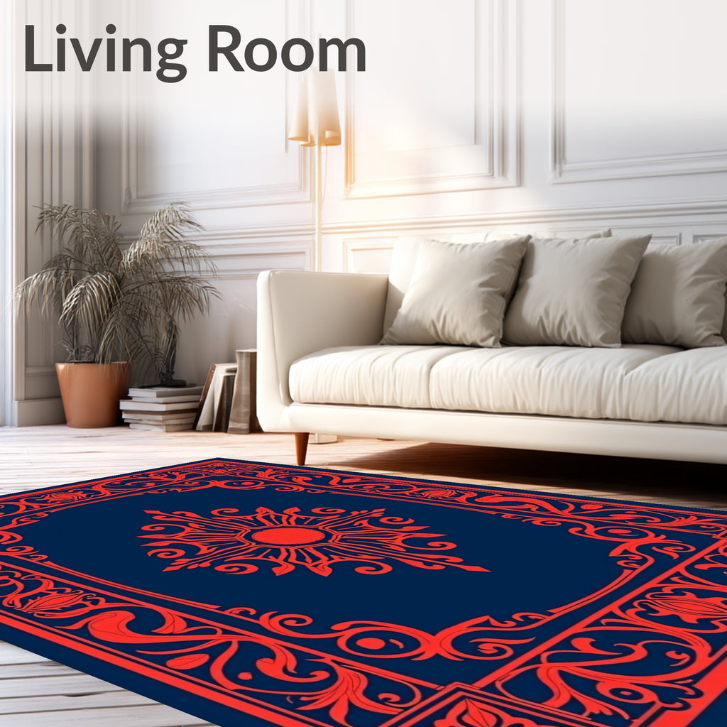 Intricate Red Blue Sunburst Floral Border Rug