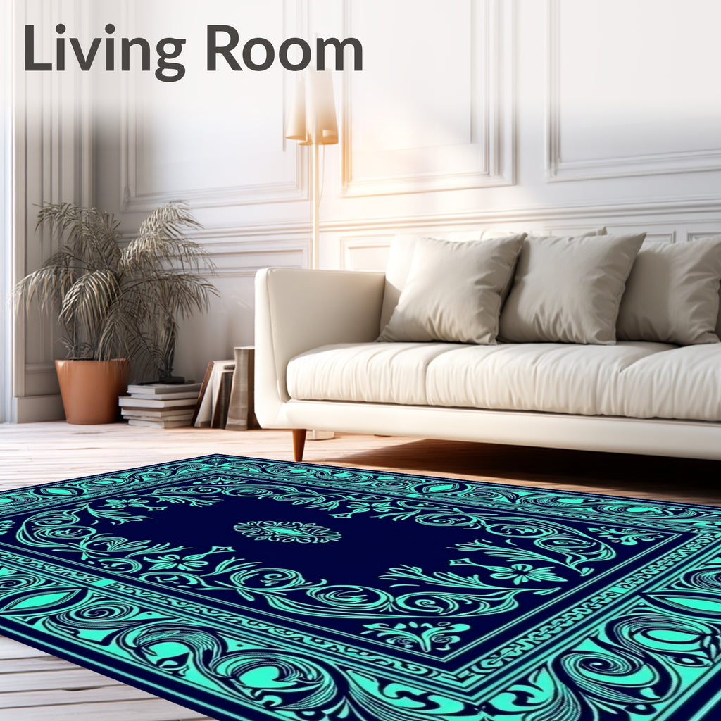 Intricate Teal Floral Scrollwork Design Rug