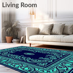 Intricate Teal Floral Scrollwork Design Rug
