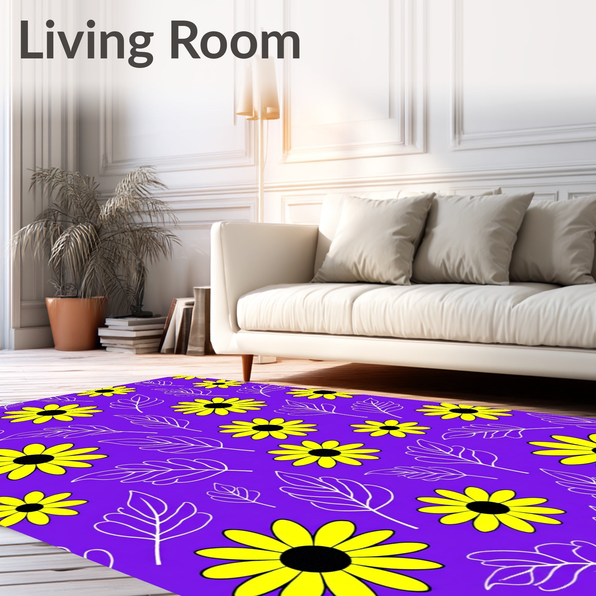 Vibrant Yellow Flower Leaf Pattern Rug
