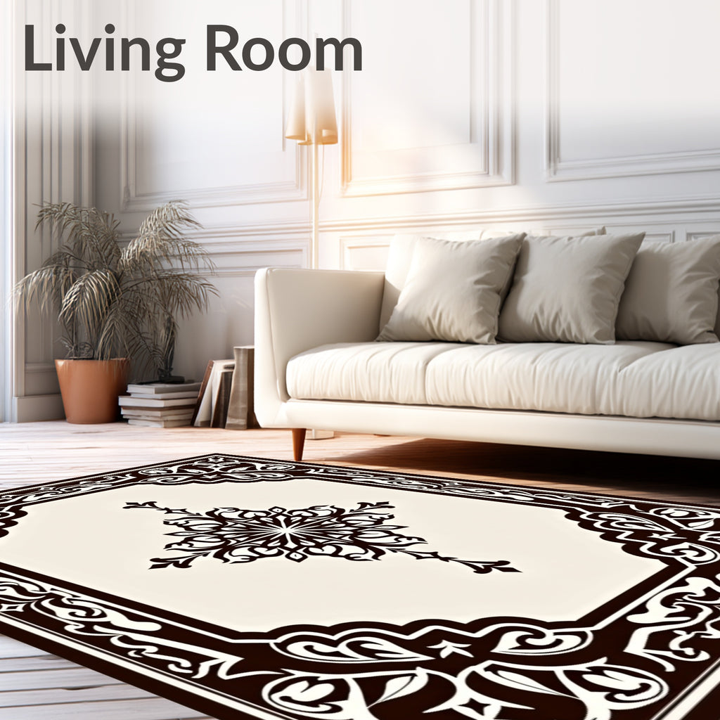 Ornate Dark Brown Floral Frame Rug