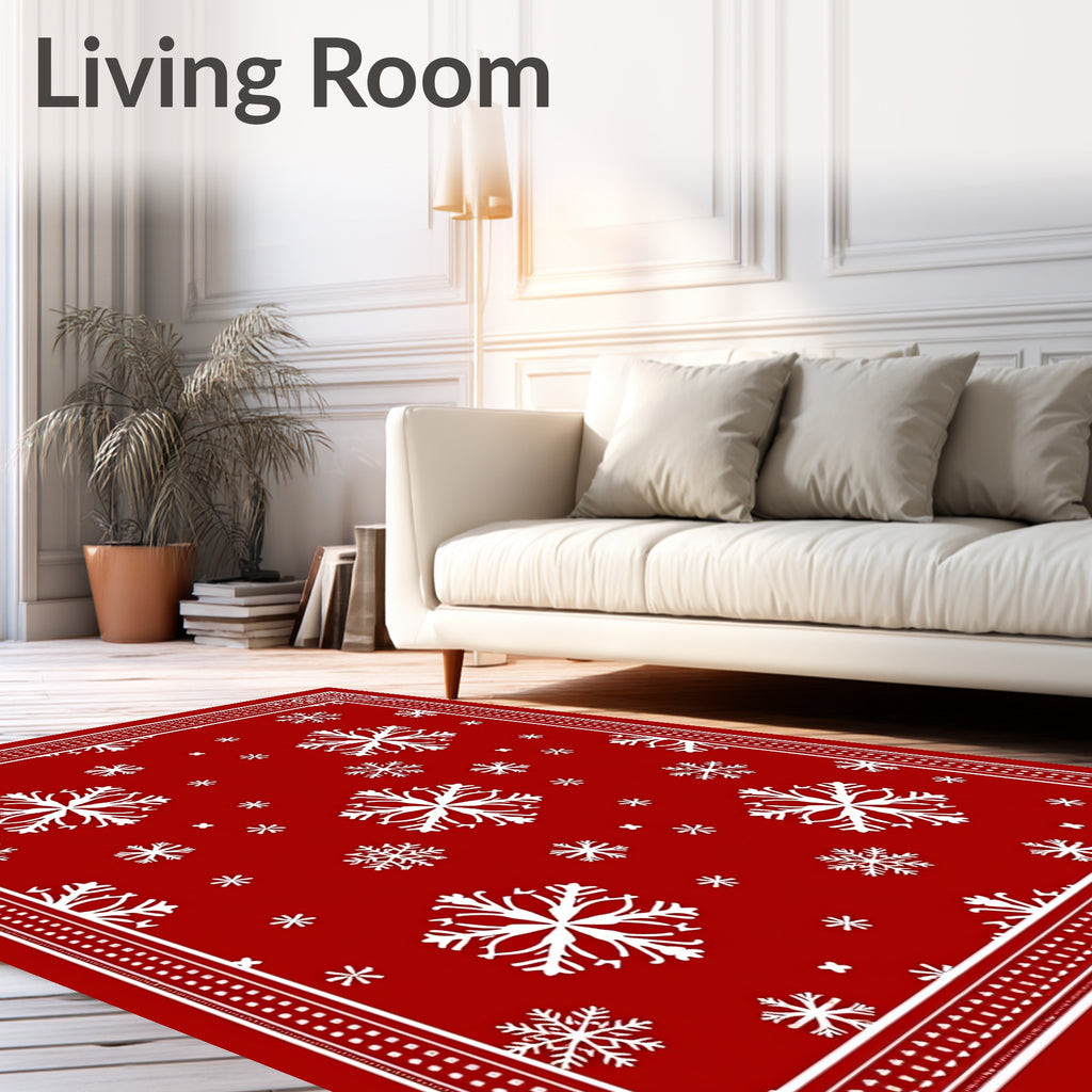 Festive White Snowflake Red Pattern Rug