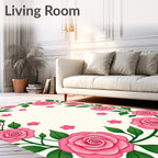 Pink Roses And Green Leaves Border Rug