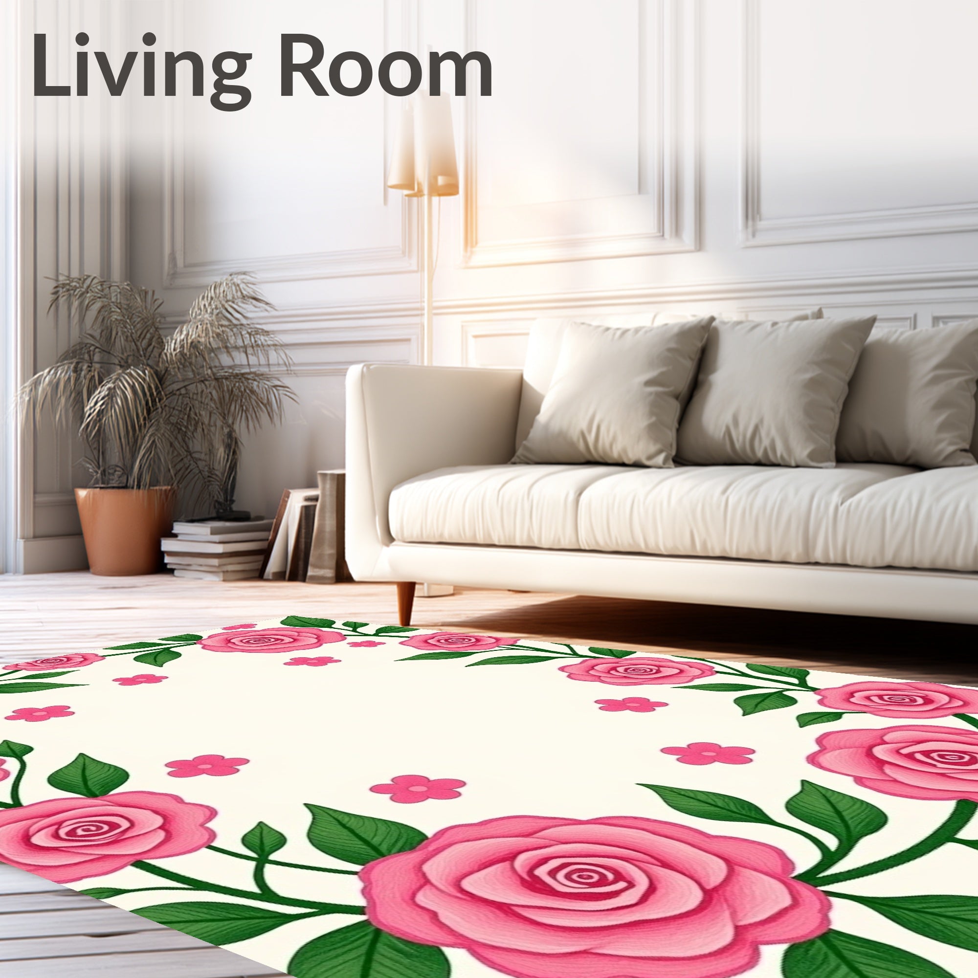 Pink Roses And Green Leaves Border Rug