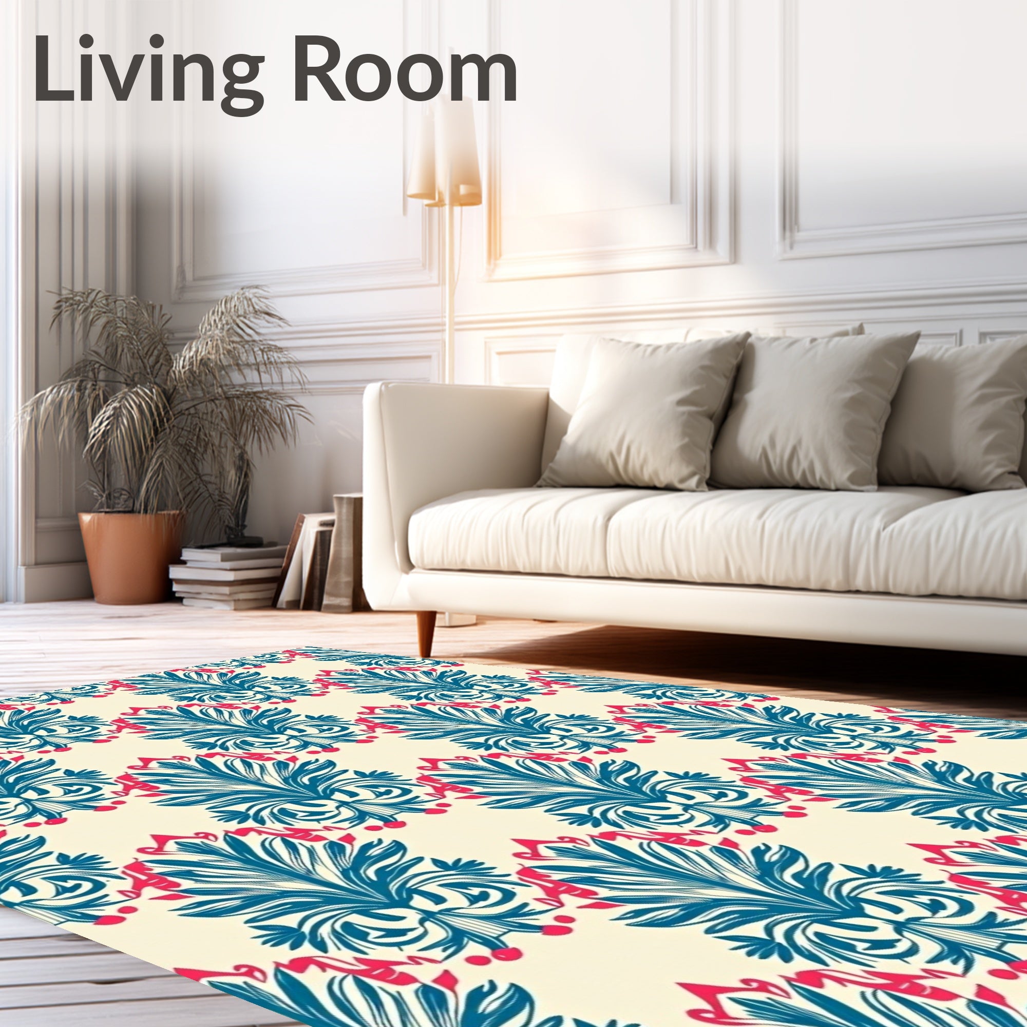 Teal Coral Floral Damask Pattern Rug