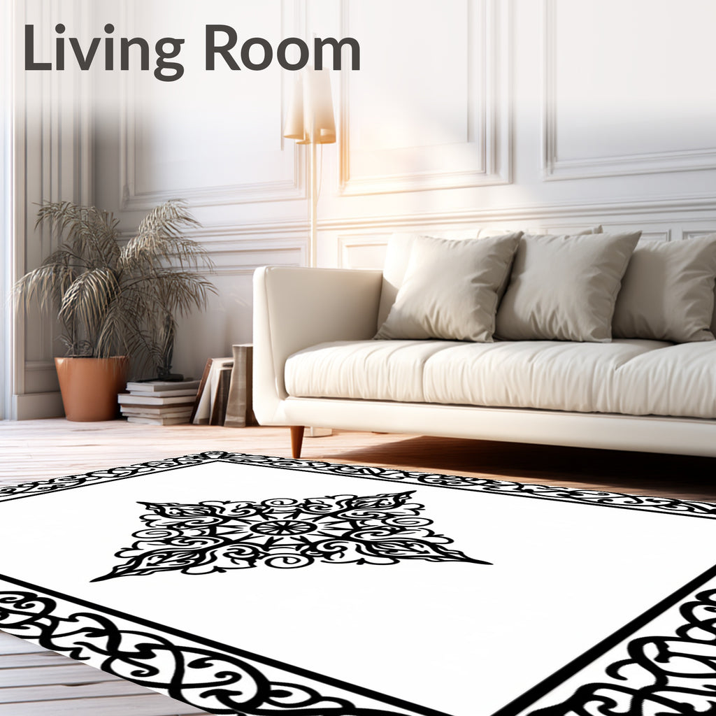 Ornate Black Scroll Mandala Design Rug