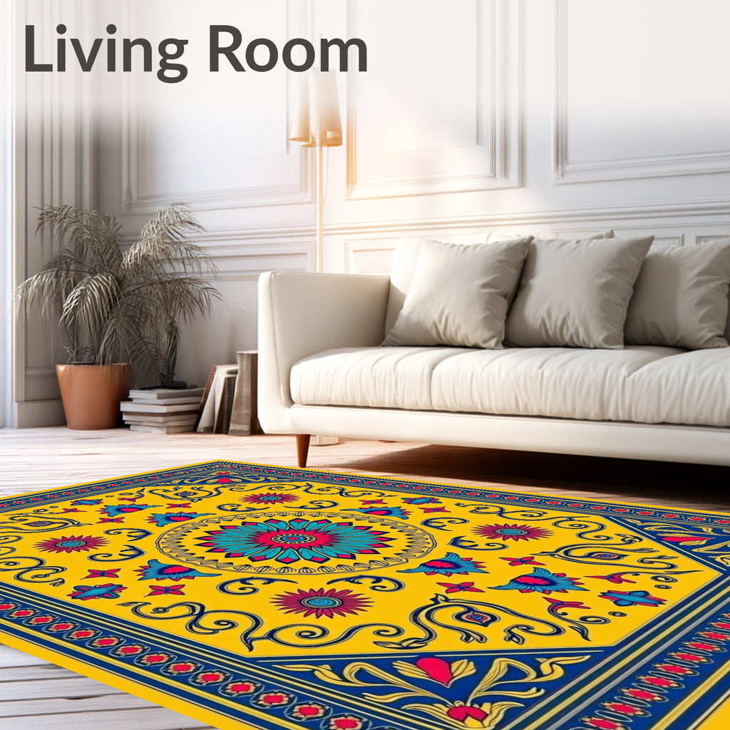 Vibrant Yellow Floral Intricate Art Rug