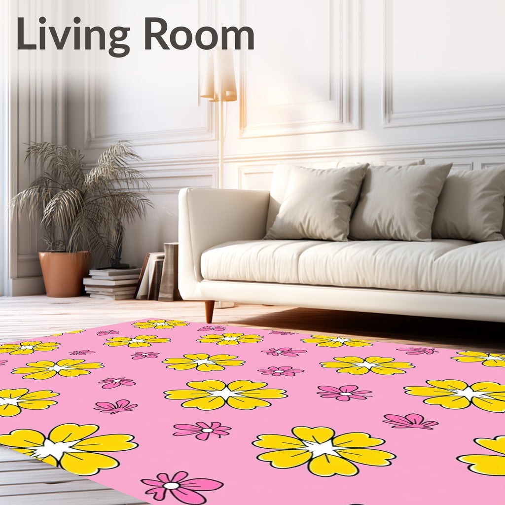 Pink Yellow Daisy Patterned Rug
