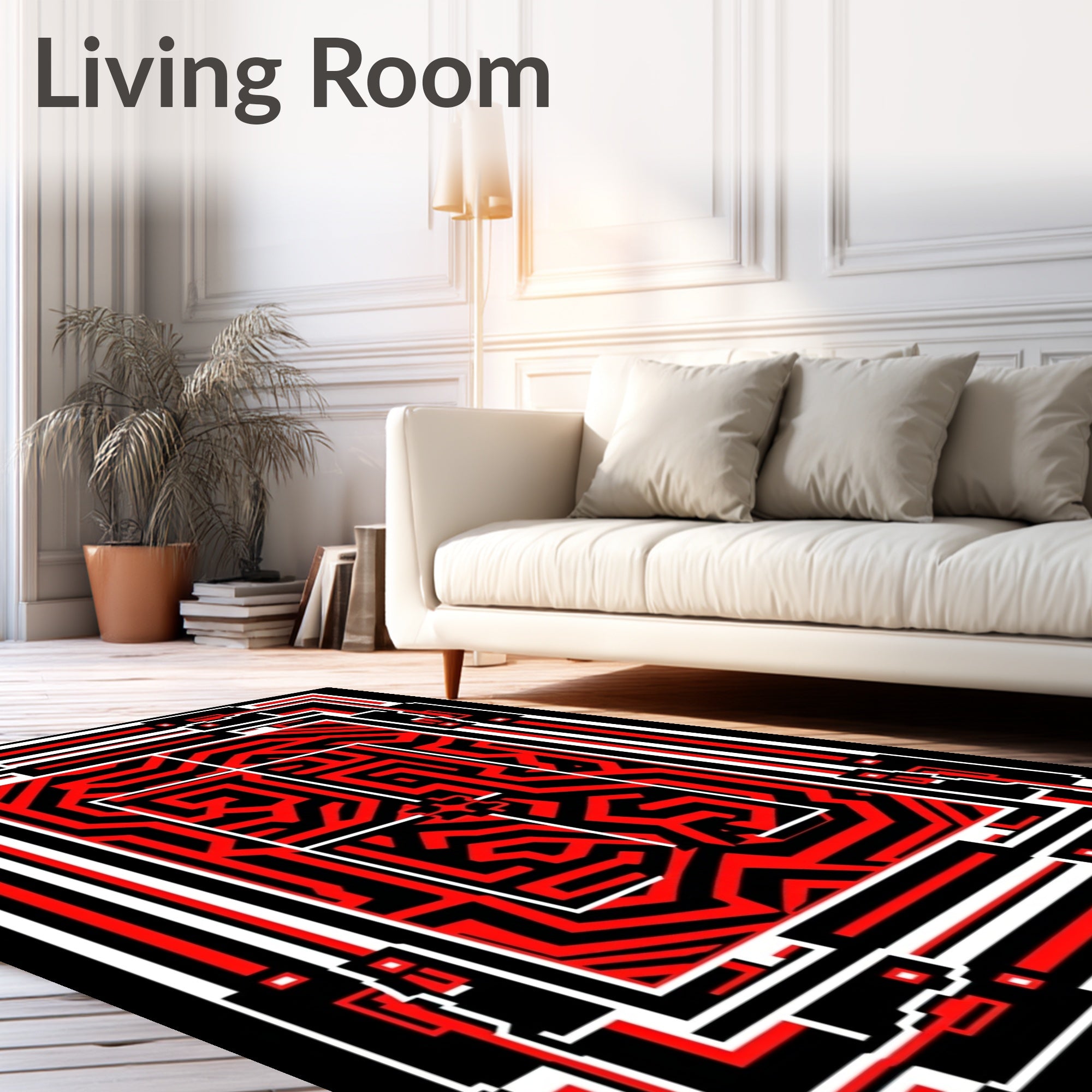 Bold Red Black Geometric Maze Rug