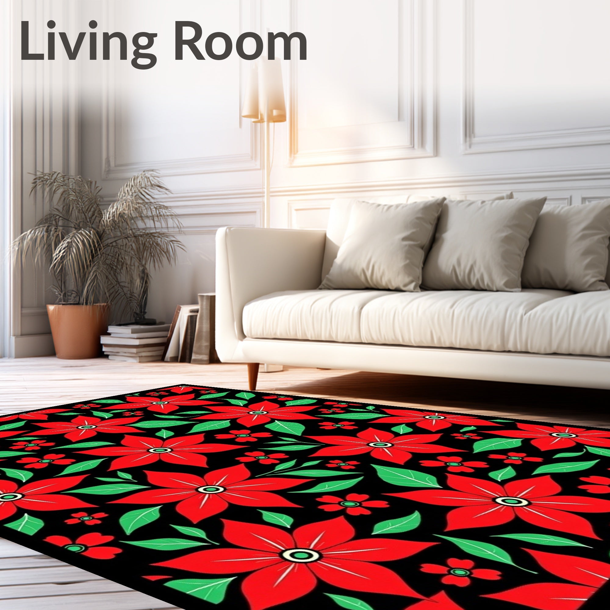 Radiant Red Flower Garden Black Rug