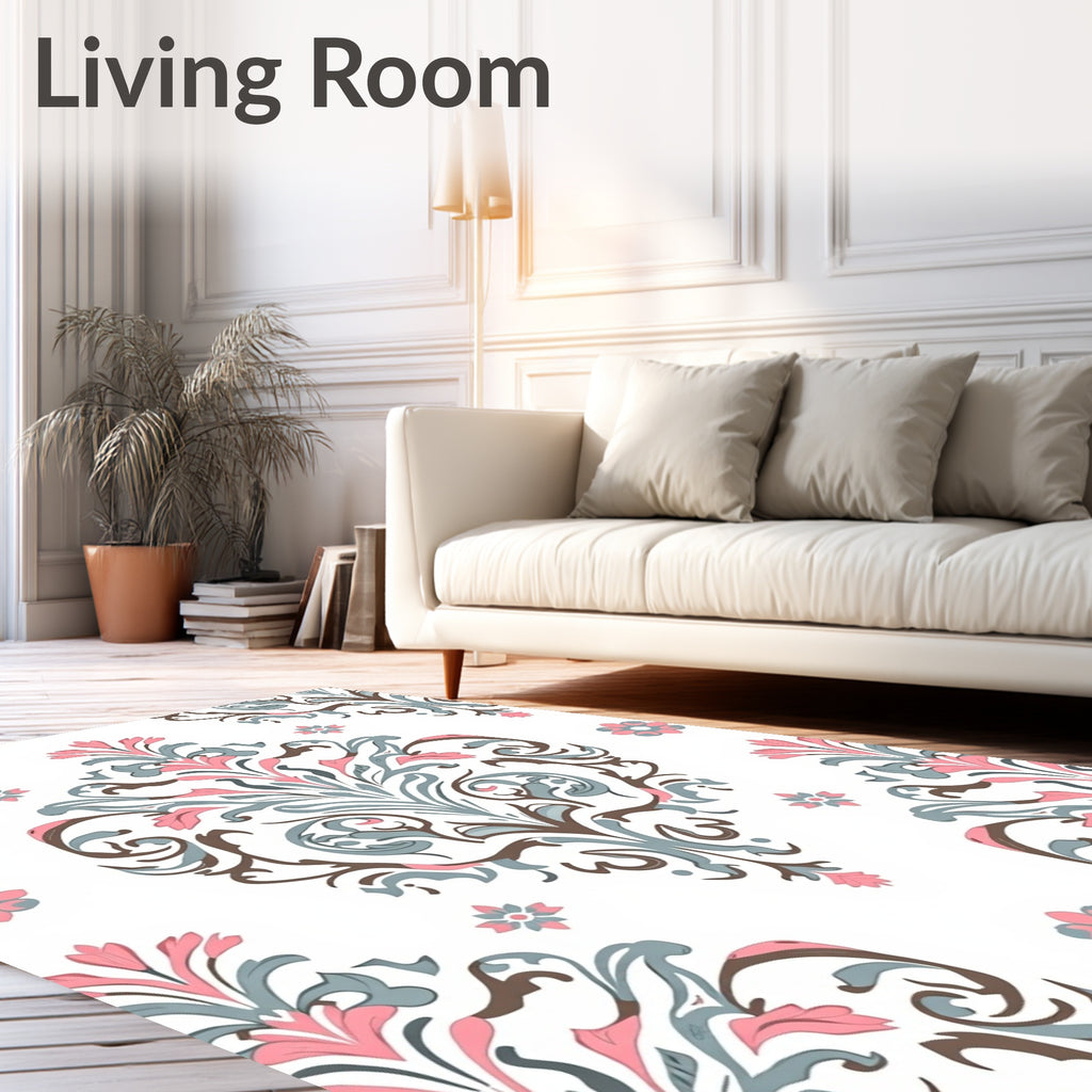Pink Blue Floral Damask Pattern Rug