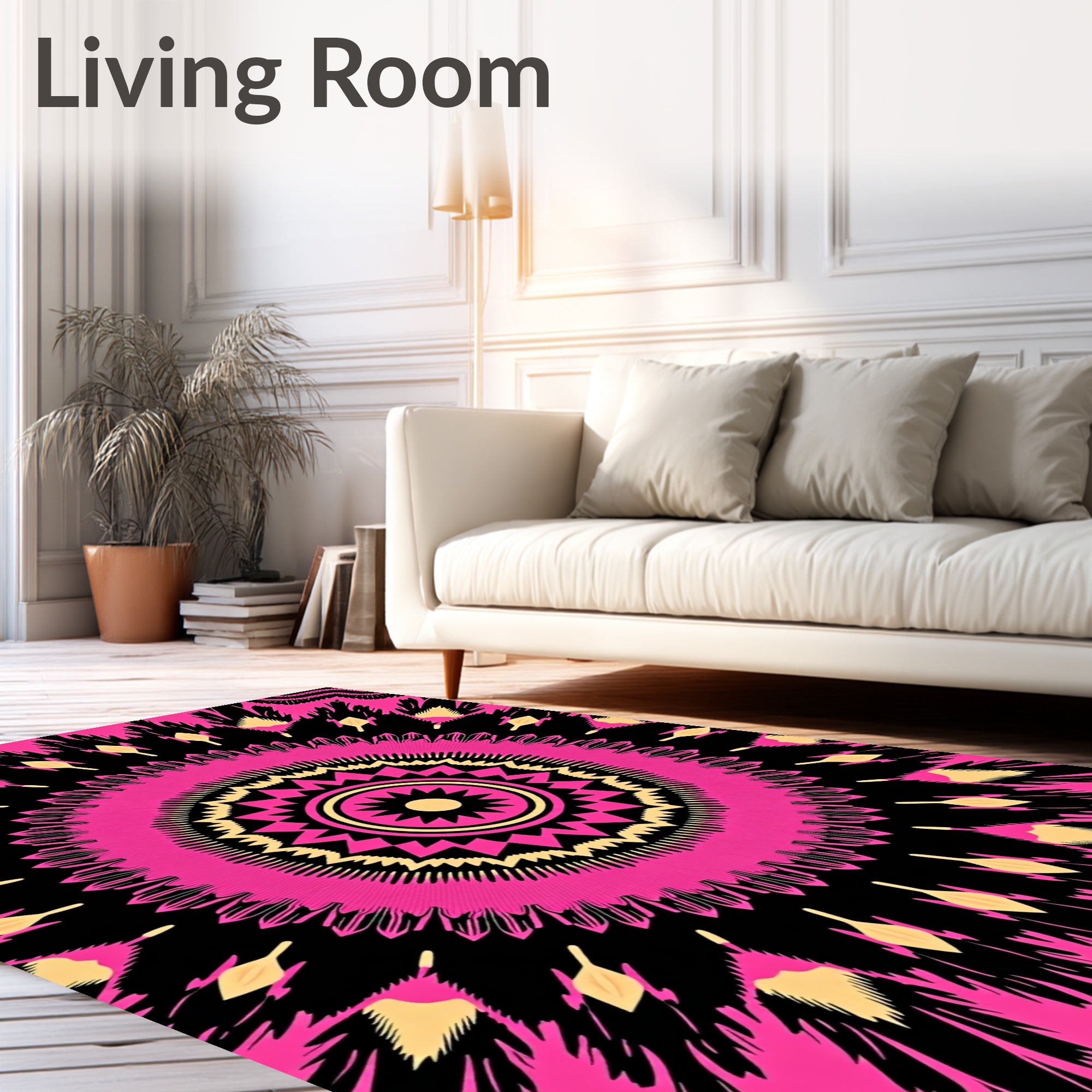 Radiant Pink Black Yellow Mandala Design Rug