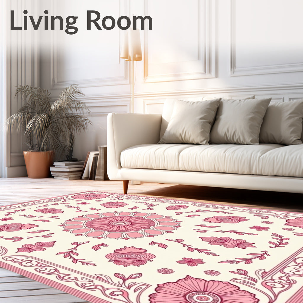 Pink Floral Medallion Mandala Tile Design Rug