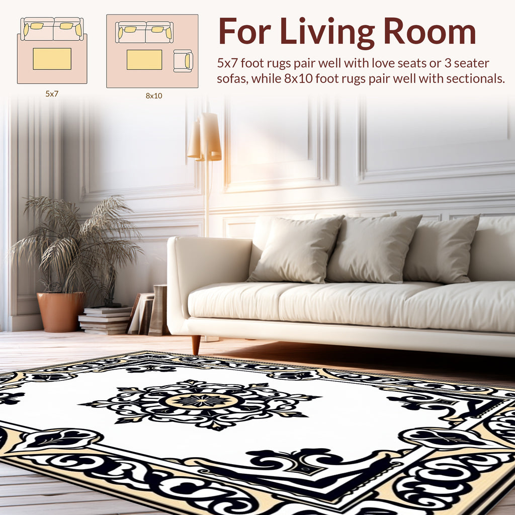 Elegant Black Cream Floral Medallion Rug