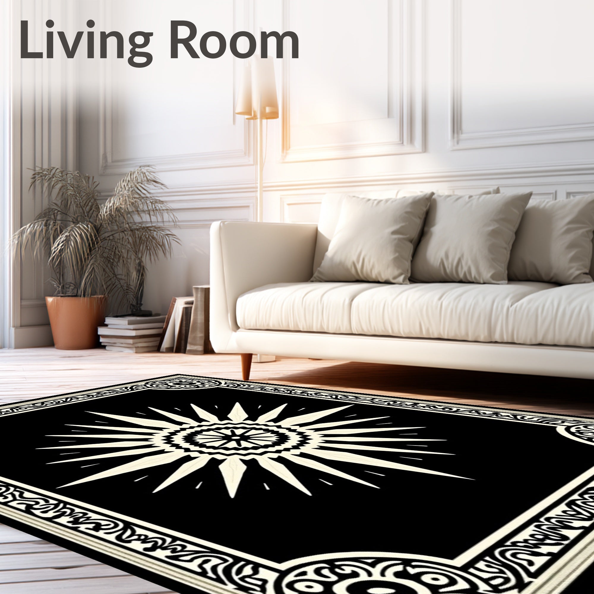 Black and Cream Sunburst Medallion Rug