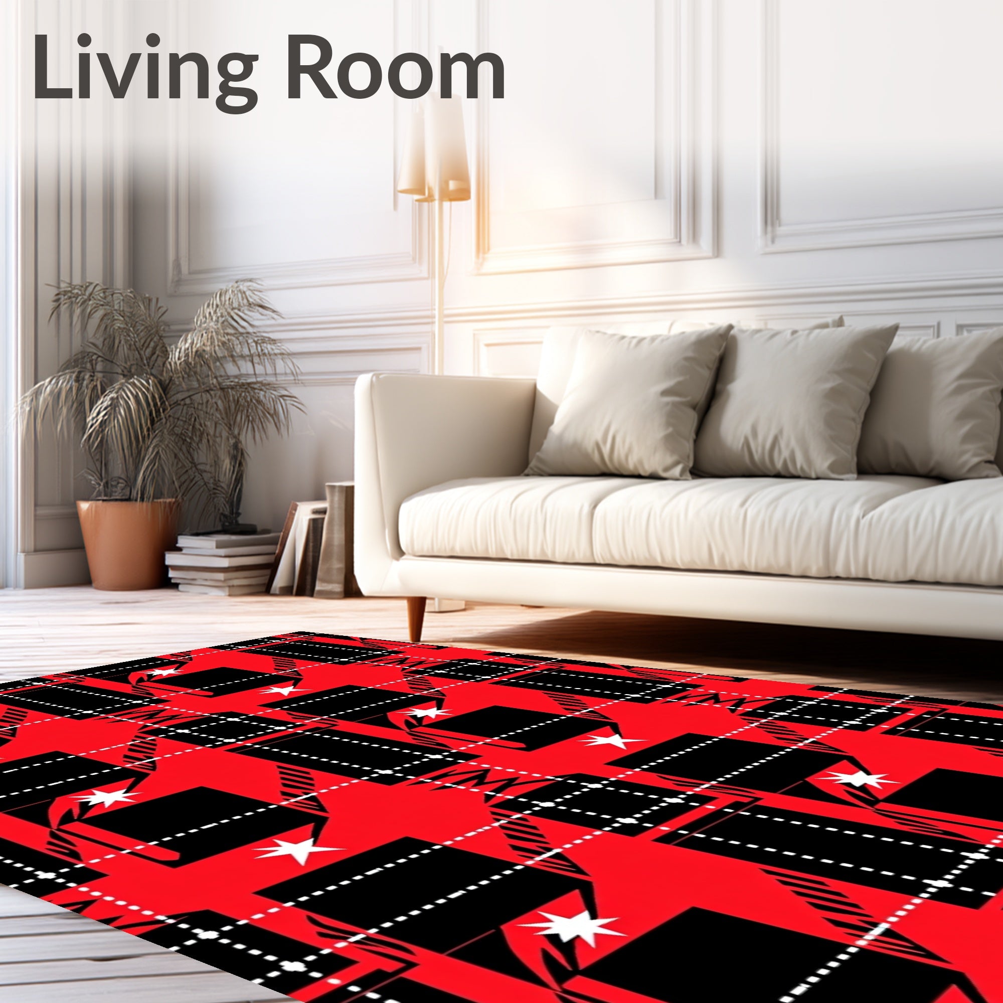 Bold Red Black White Plaid Stars Rug