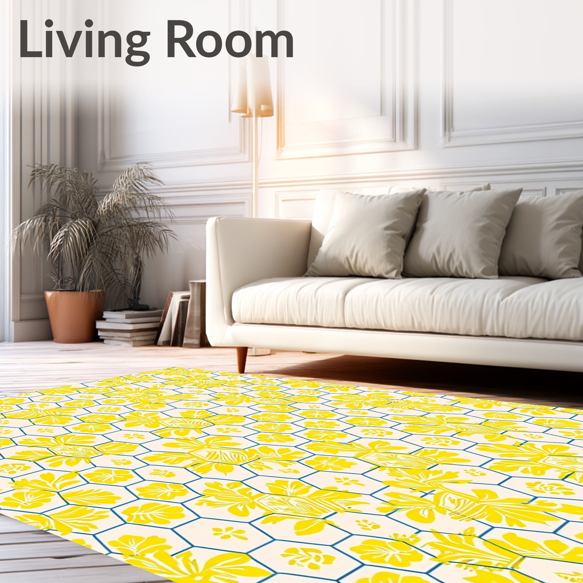 Yellow Floral Geometric Hexagonal Design Rug
