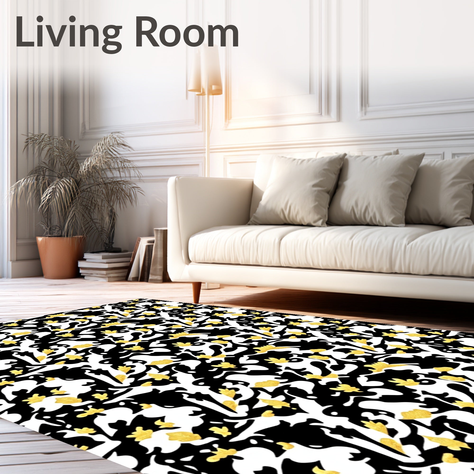 Abstract Black Gold Leaf Art Rug