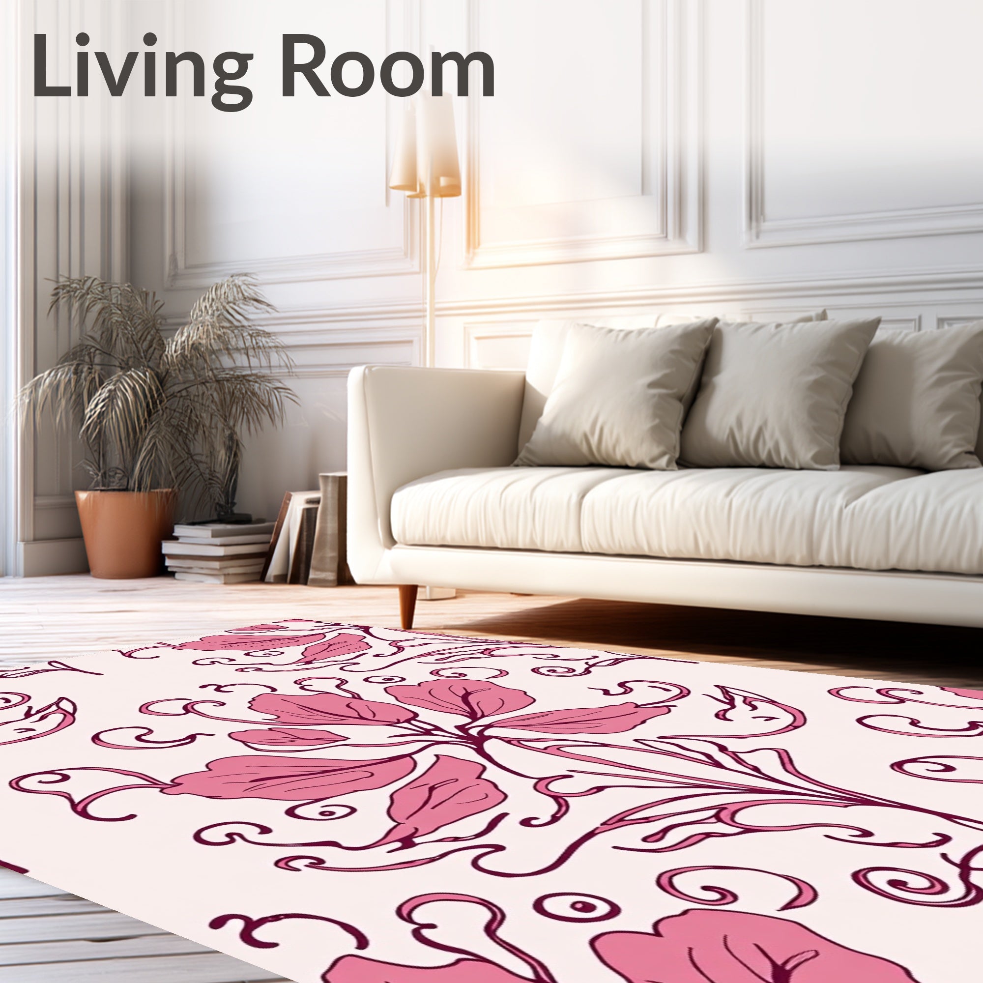 Pink Floral Vine Swirl Pattern Rug