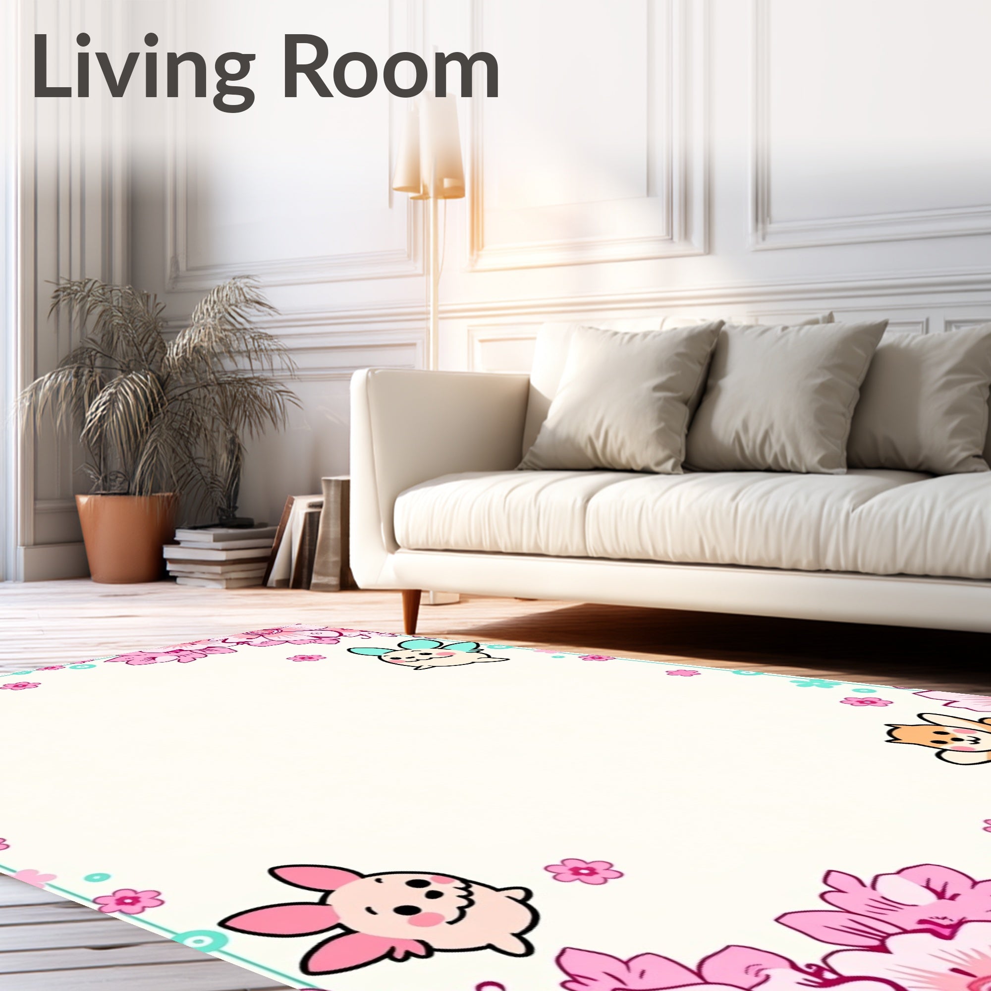 Cute Animal Floral Pink Accent Rug