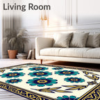 Floral Patterned Navy Teal Yellow Rug