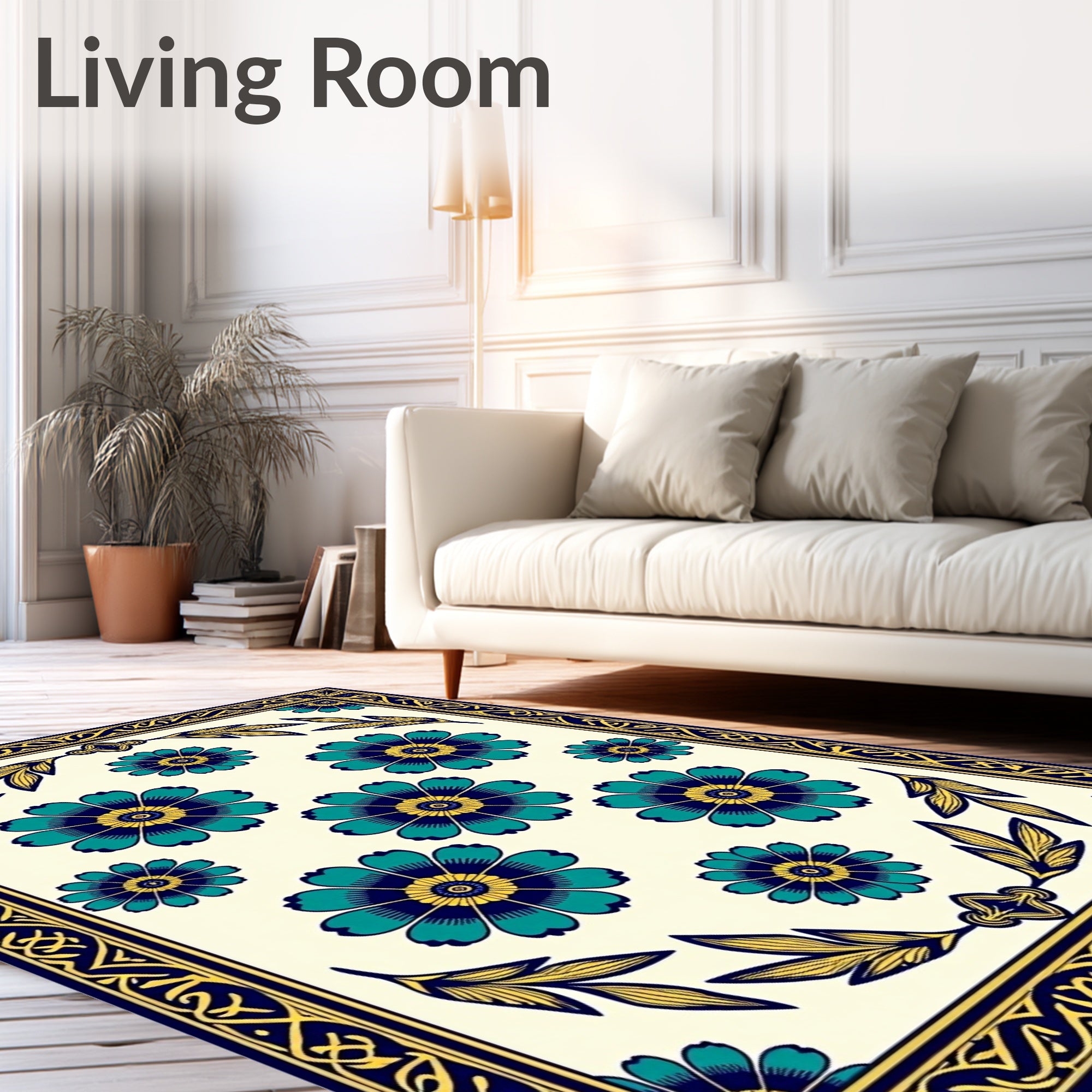Floral Patterned Navy Teal Yellow Rug