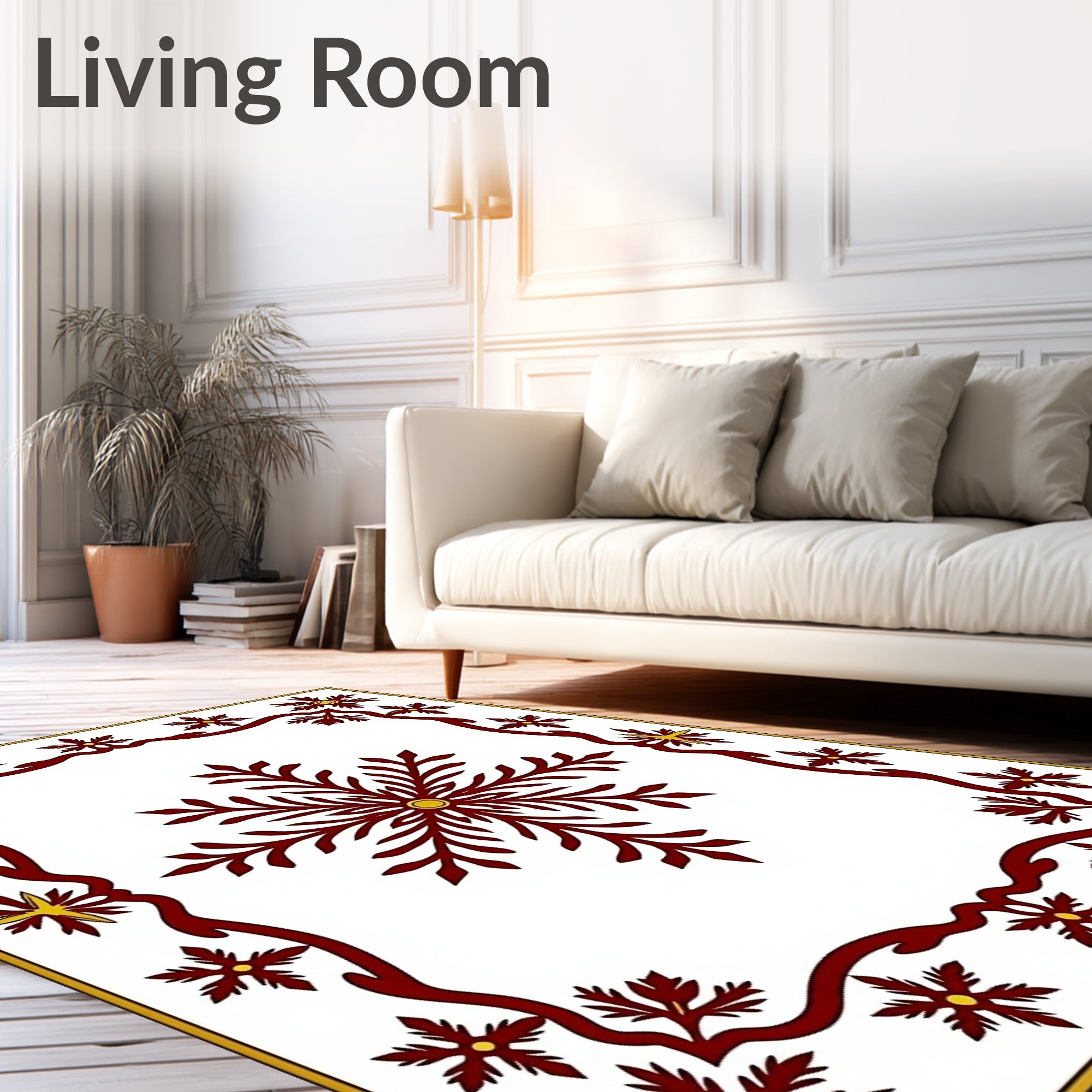 Crimson Snowflakes Border Yellow Accent Rug