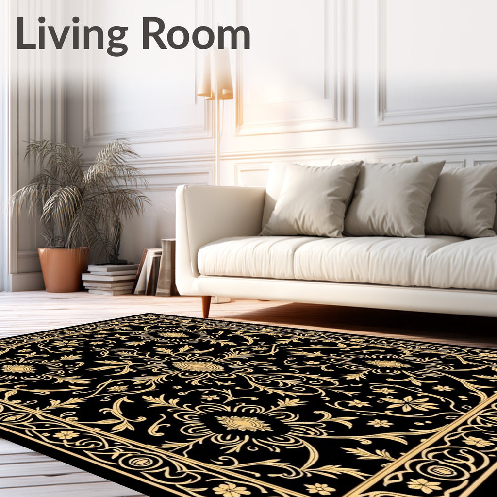 Ornate Gold Floral Scrollwork Pattern Rug