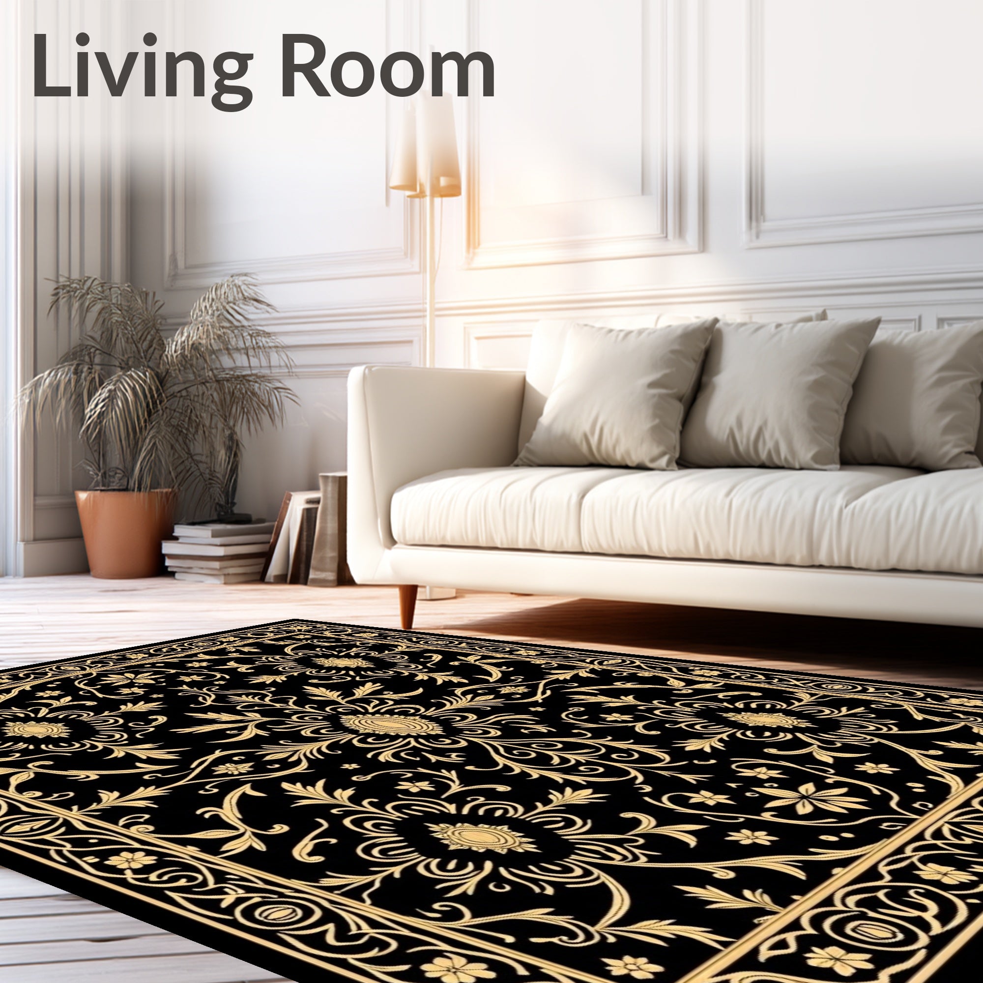 Ornate Gold Floral Scrollwork Pattern Rug