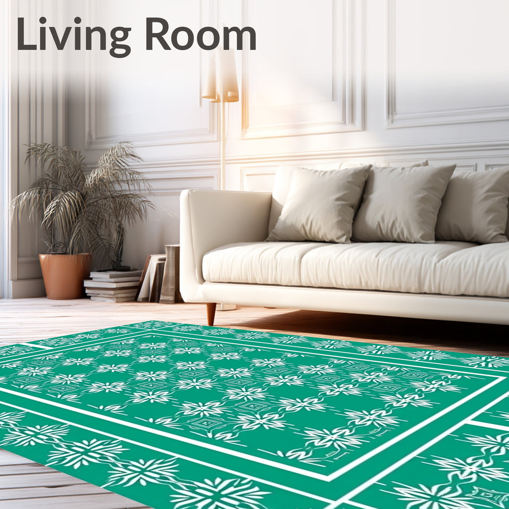 Green White Floral Geometric Pattern Rug