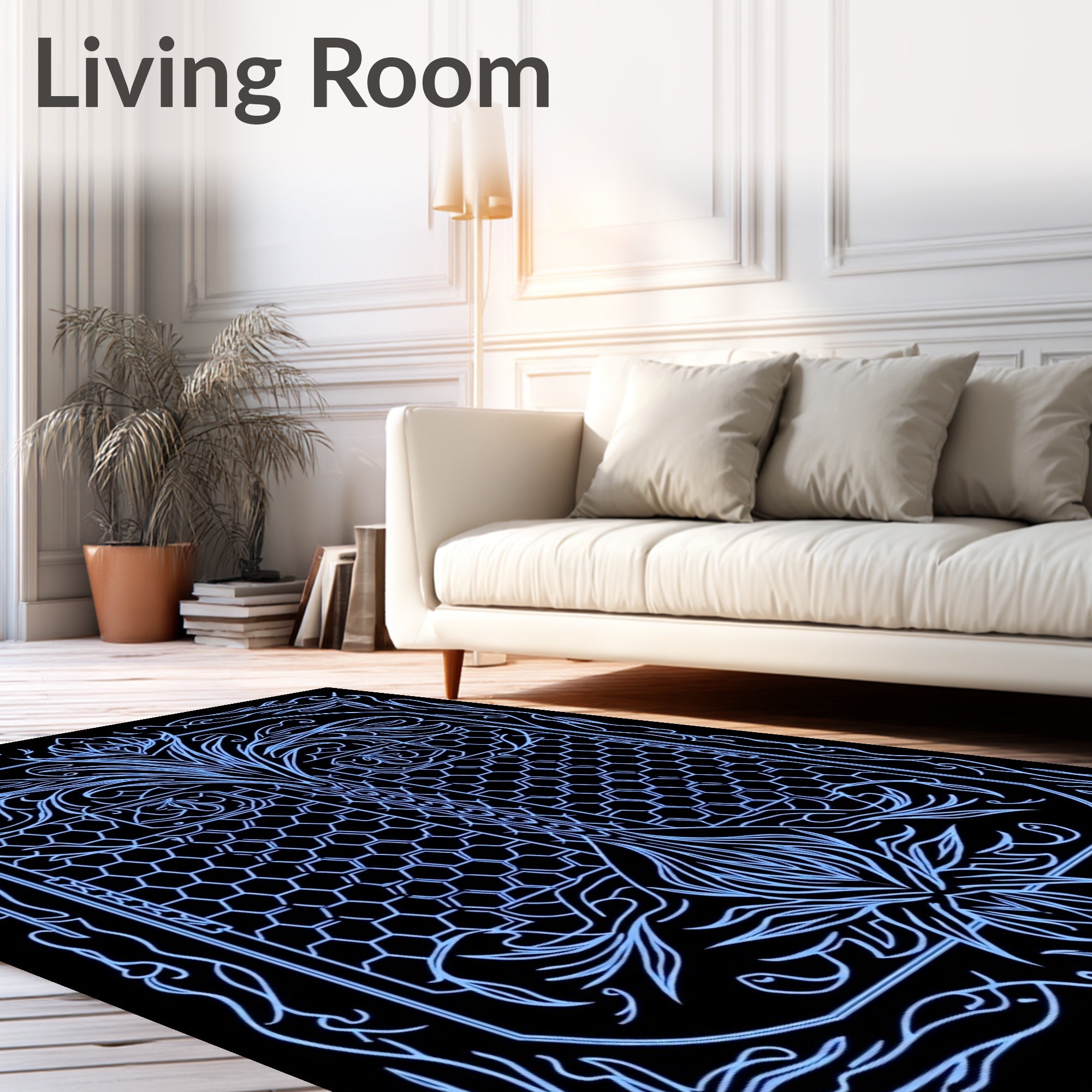 Intricate Blue Floral Hexagonal Design Rug