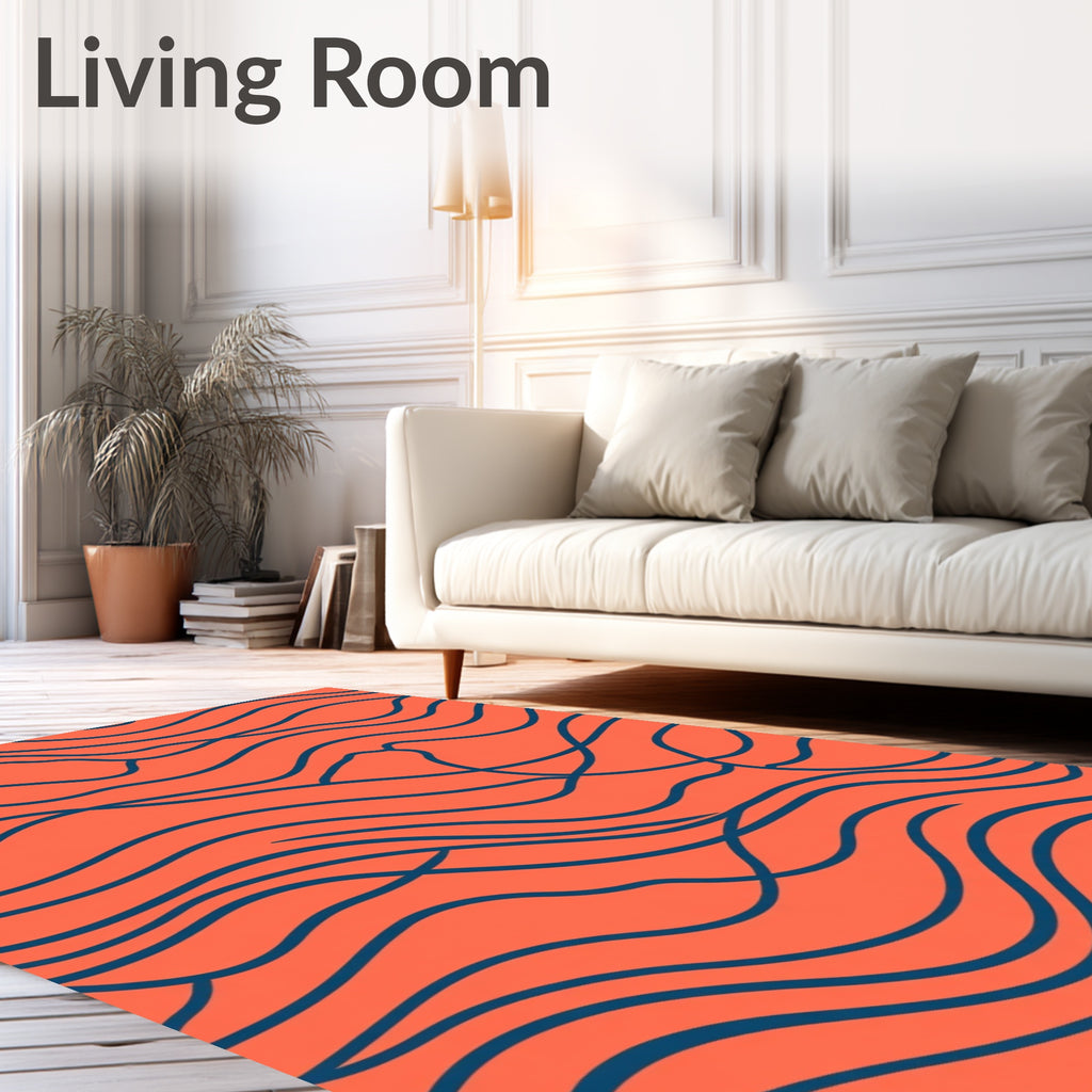 Coral Blue Abstract Wavy Line Rug