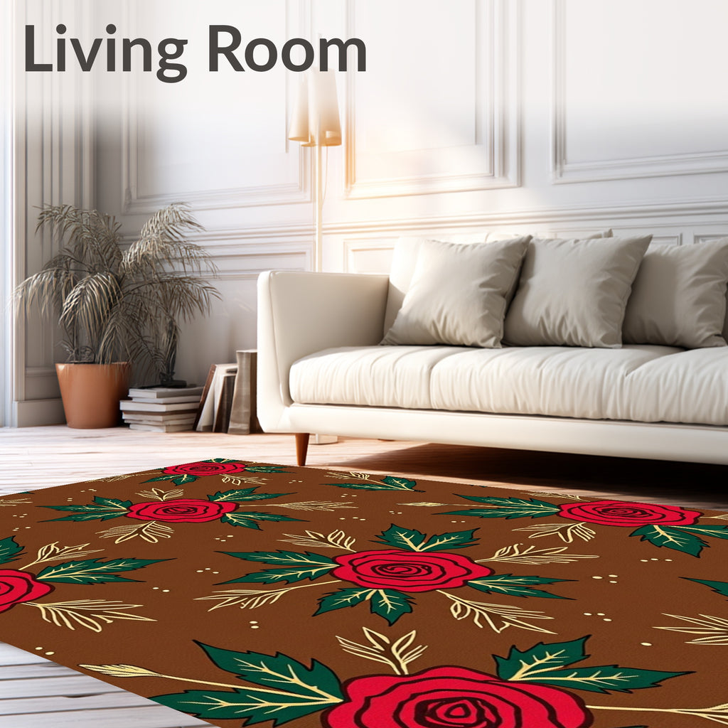 Red RoseFloral Pattern Brown Base Rug