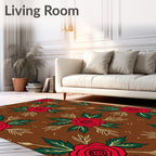 Red RoseFloral Pattern Brown Base Rug