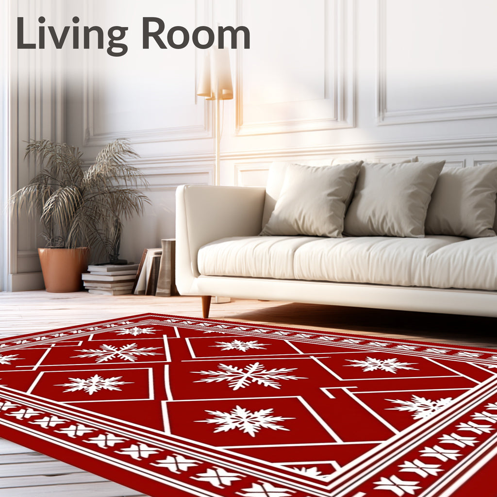 Red White Snowflake Geometric Mandala Rug