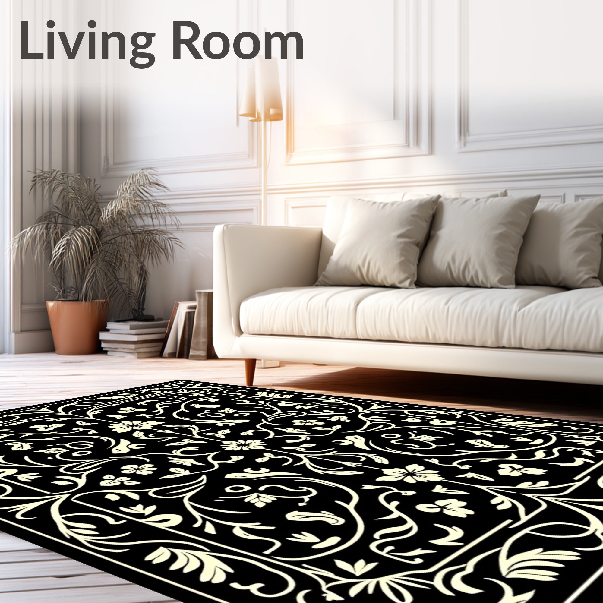 Cream Floral Swirls Black Elegance Rug