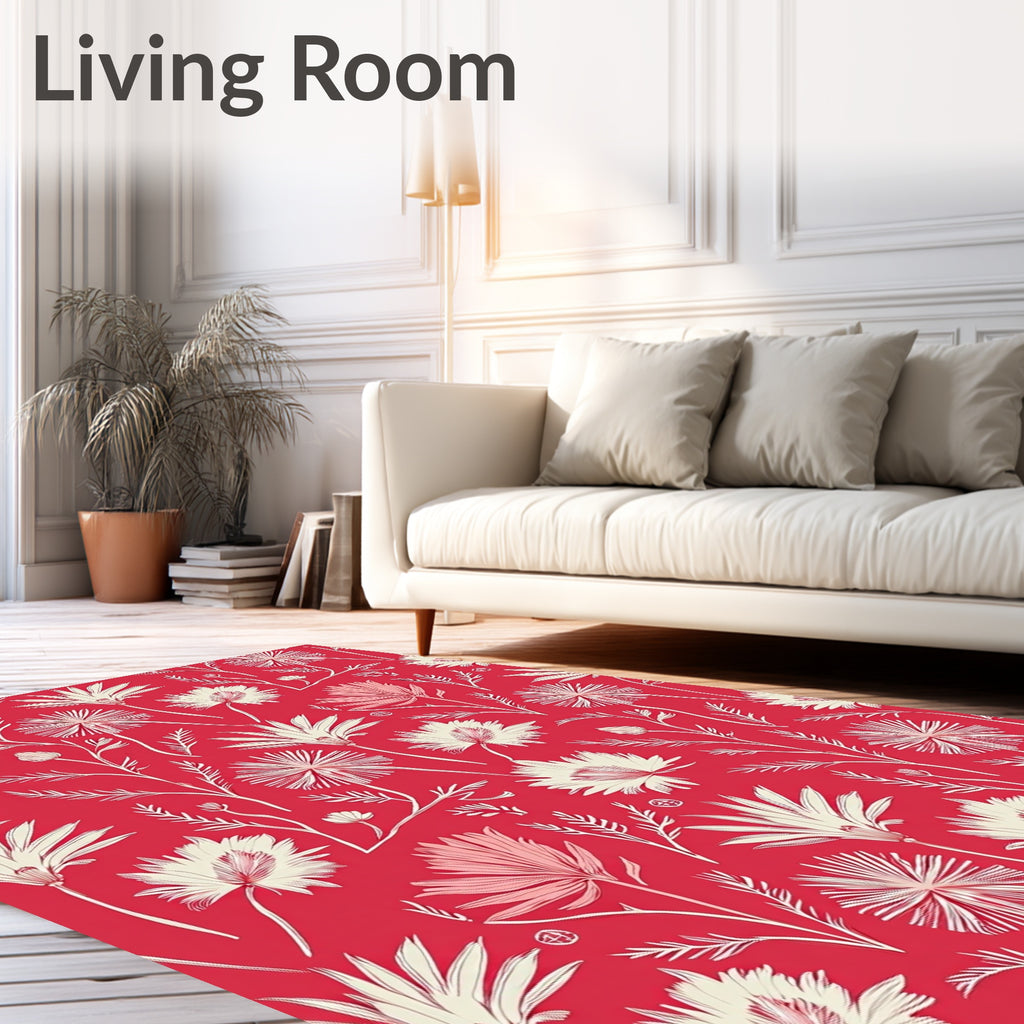 Tropical Floral Patterned Bright Red Rug