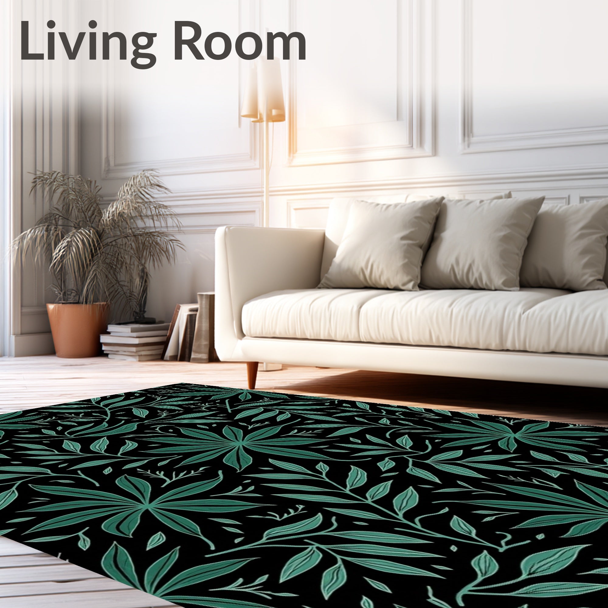 Dark Botanical Leaf Pattern Rug