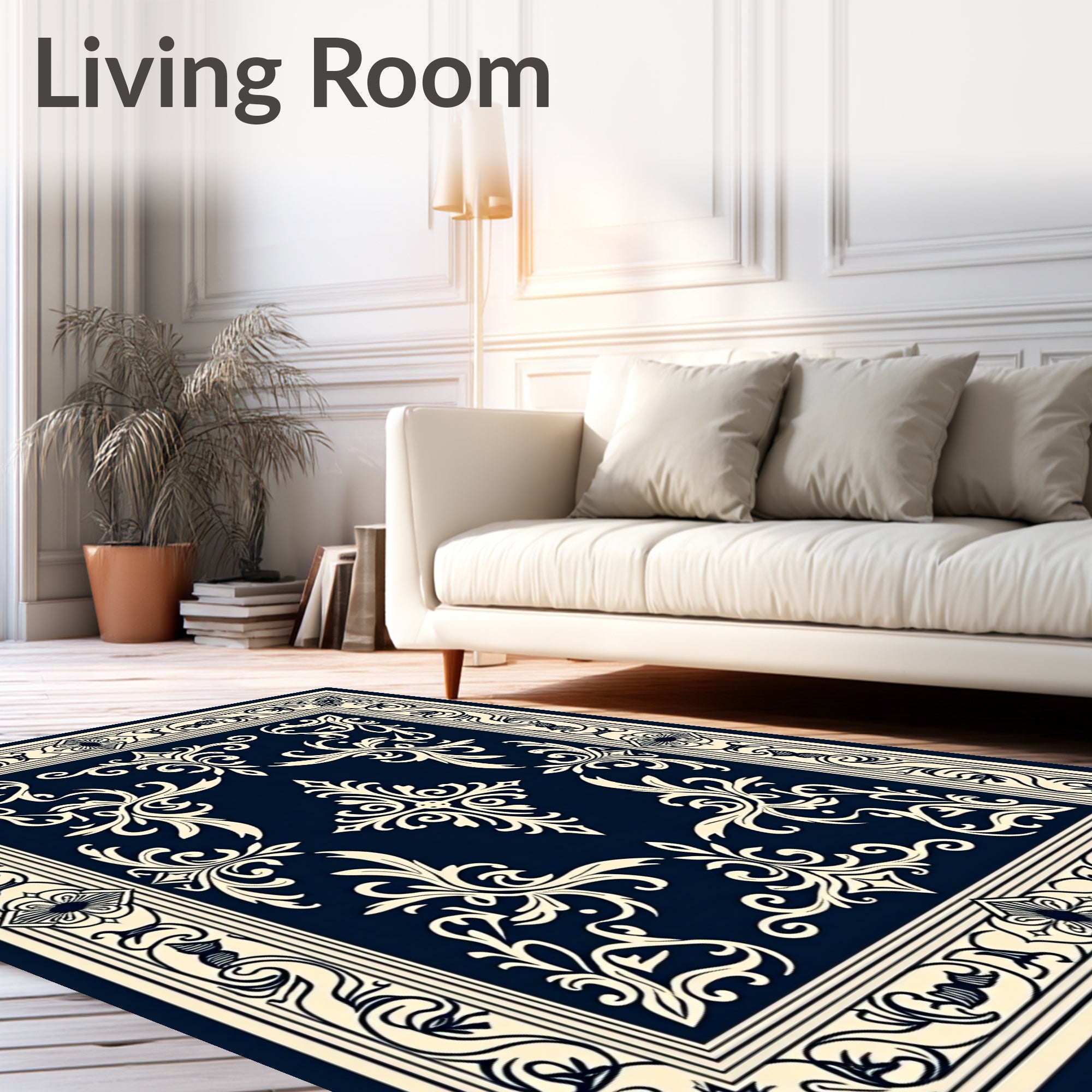 Elegant Dark Blue Floral Scroll Border Rug