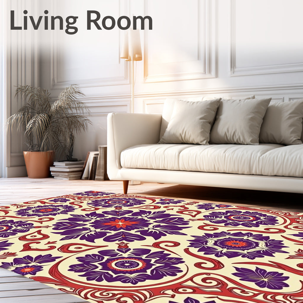 Ornate Floral Patterned Red Purple Rug