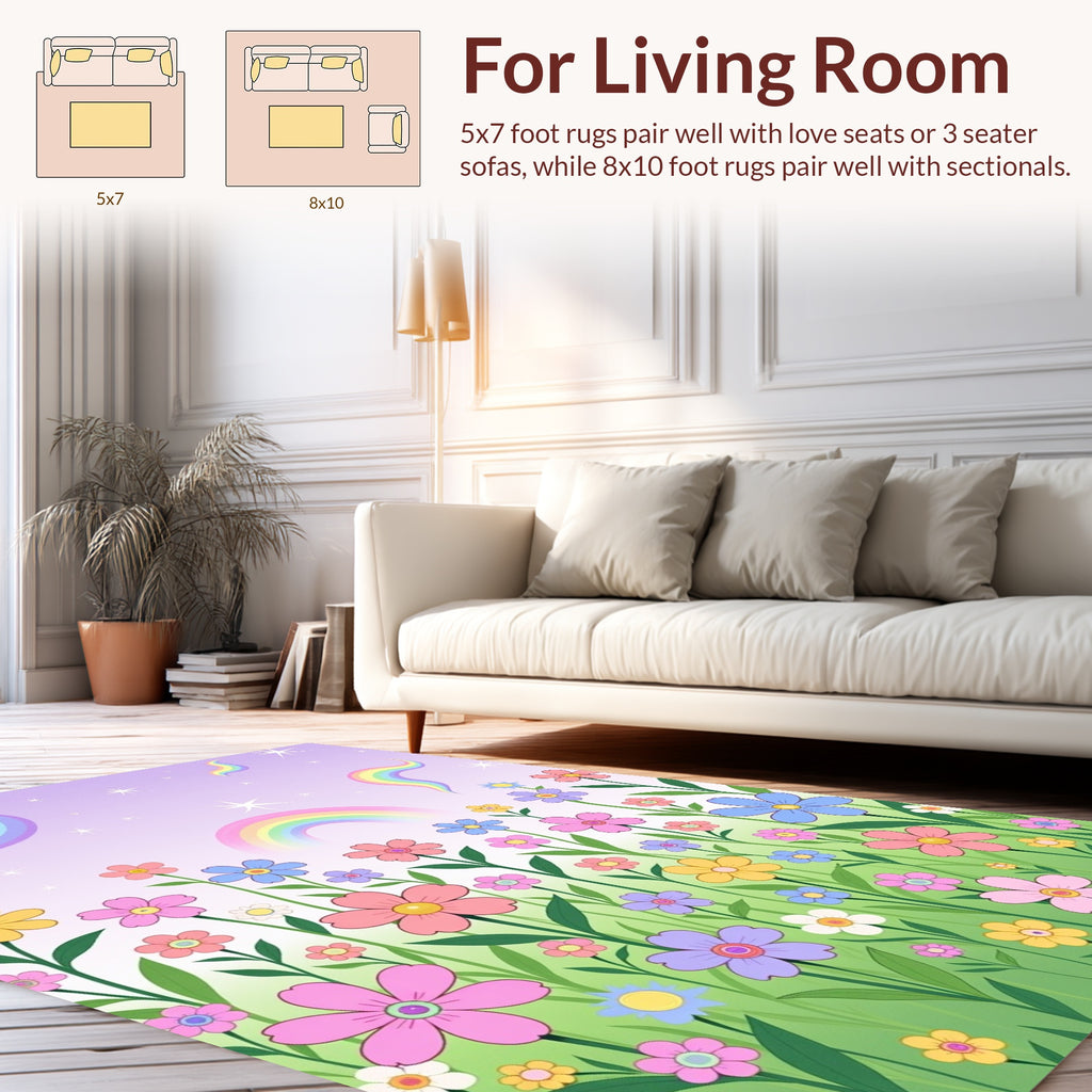 Whimsical Rainbow Floral Meadow Design Rug