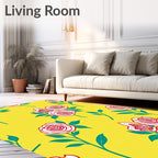 Red Rose Pattern With Teal Leaves Rug