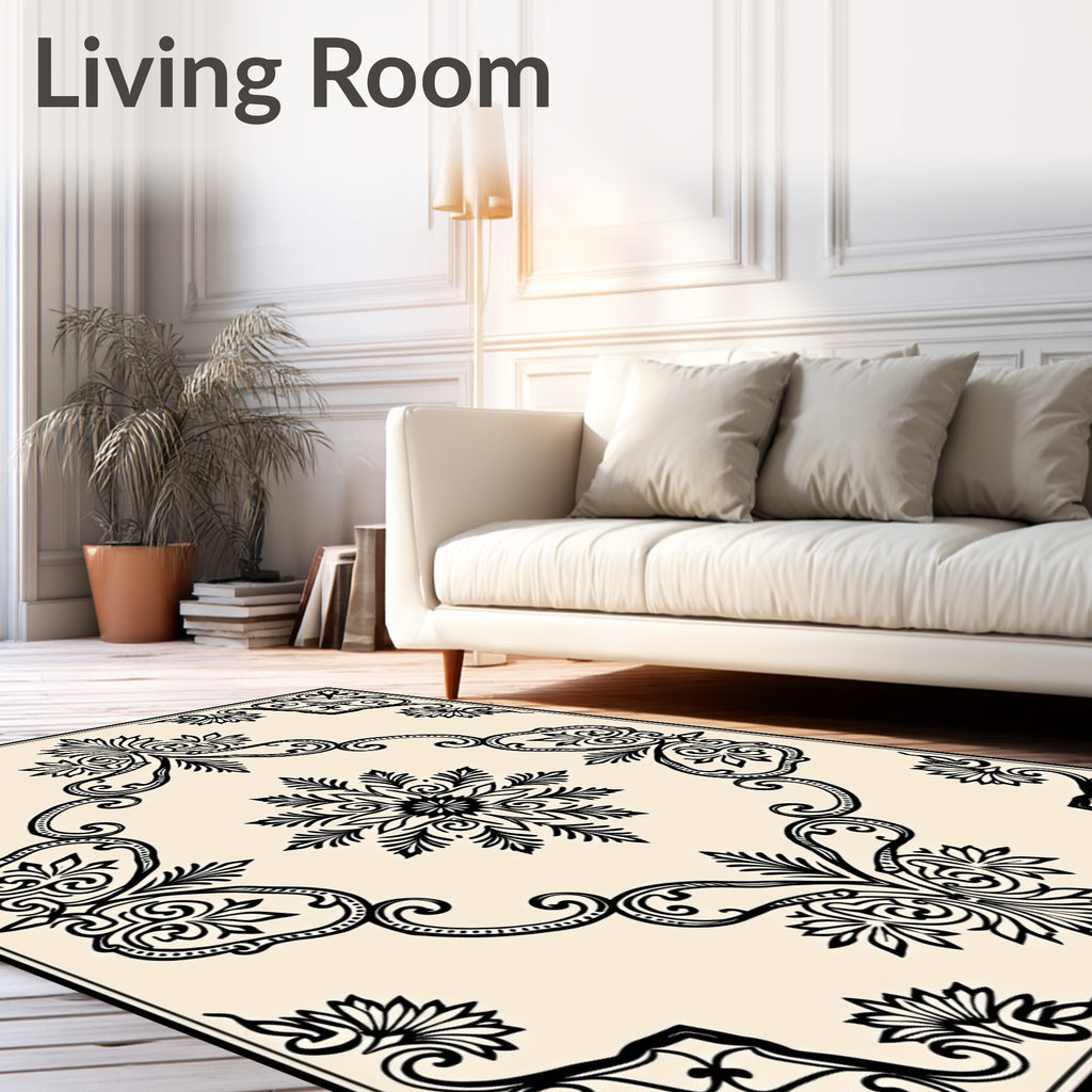 Classic Black and Cream Floral Medallion Rug