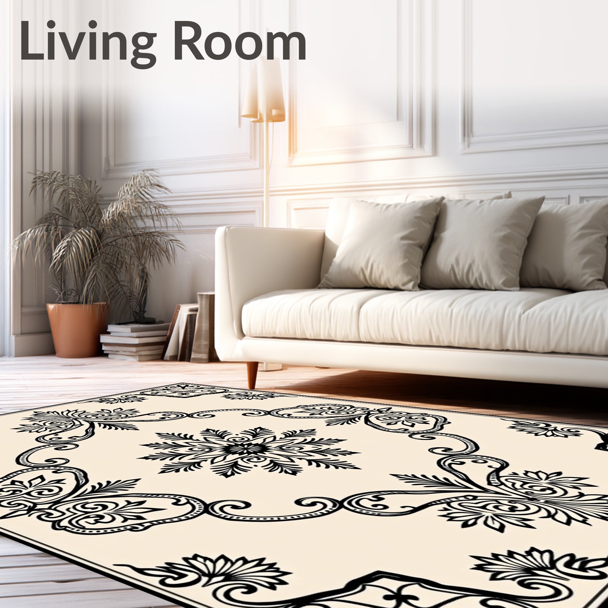 Classic Black and Cream Floral Medallion Rug