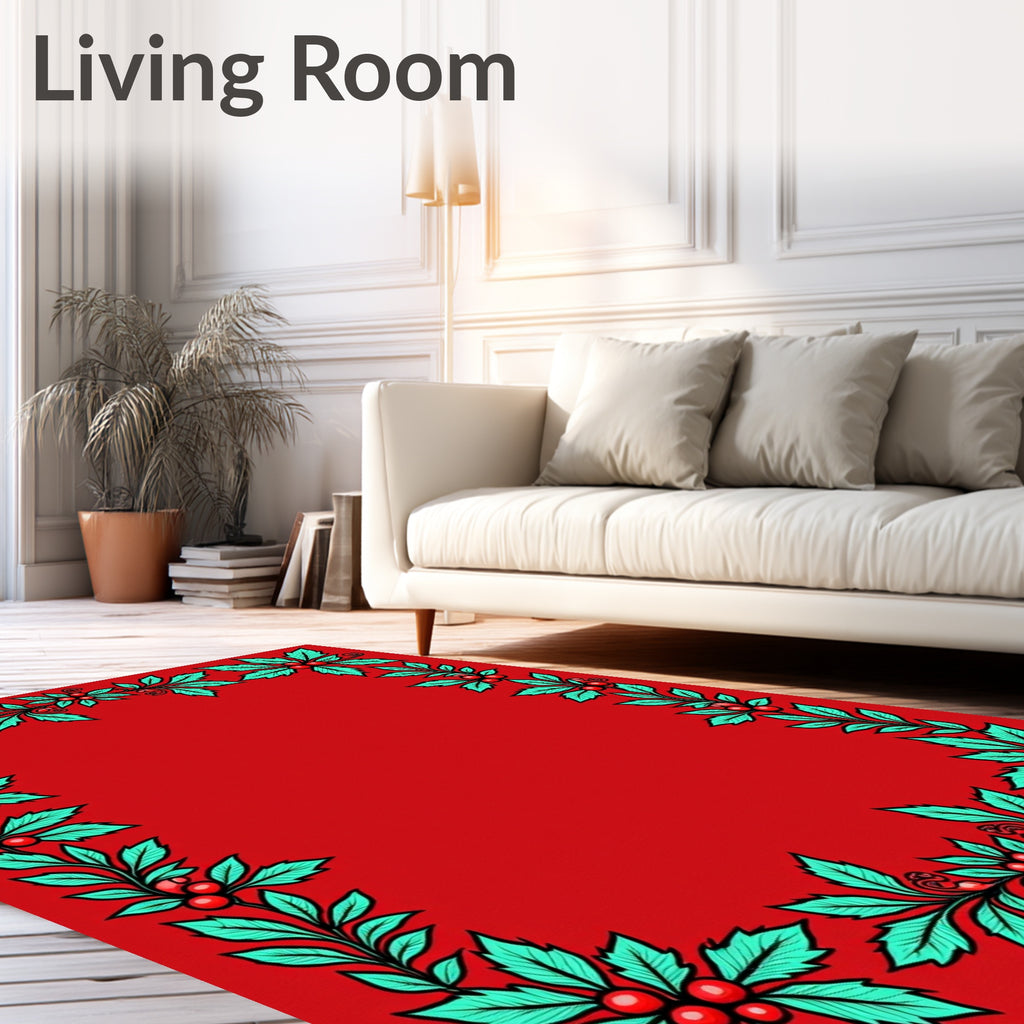 Festive Green Holly Red Berry Frame Rug