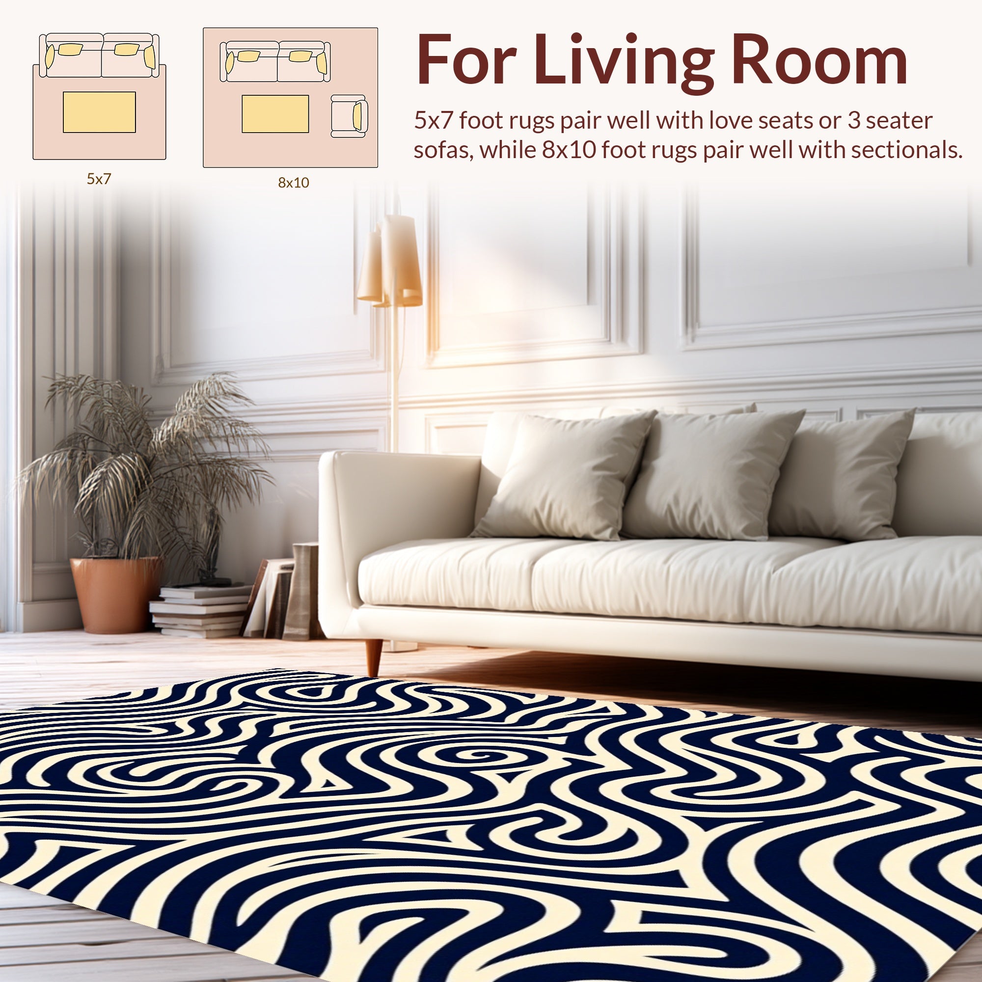 Navy Cream Swirling Waves Rug
