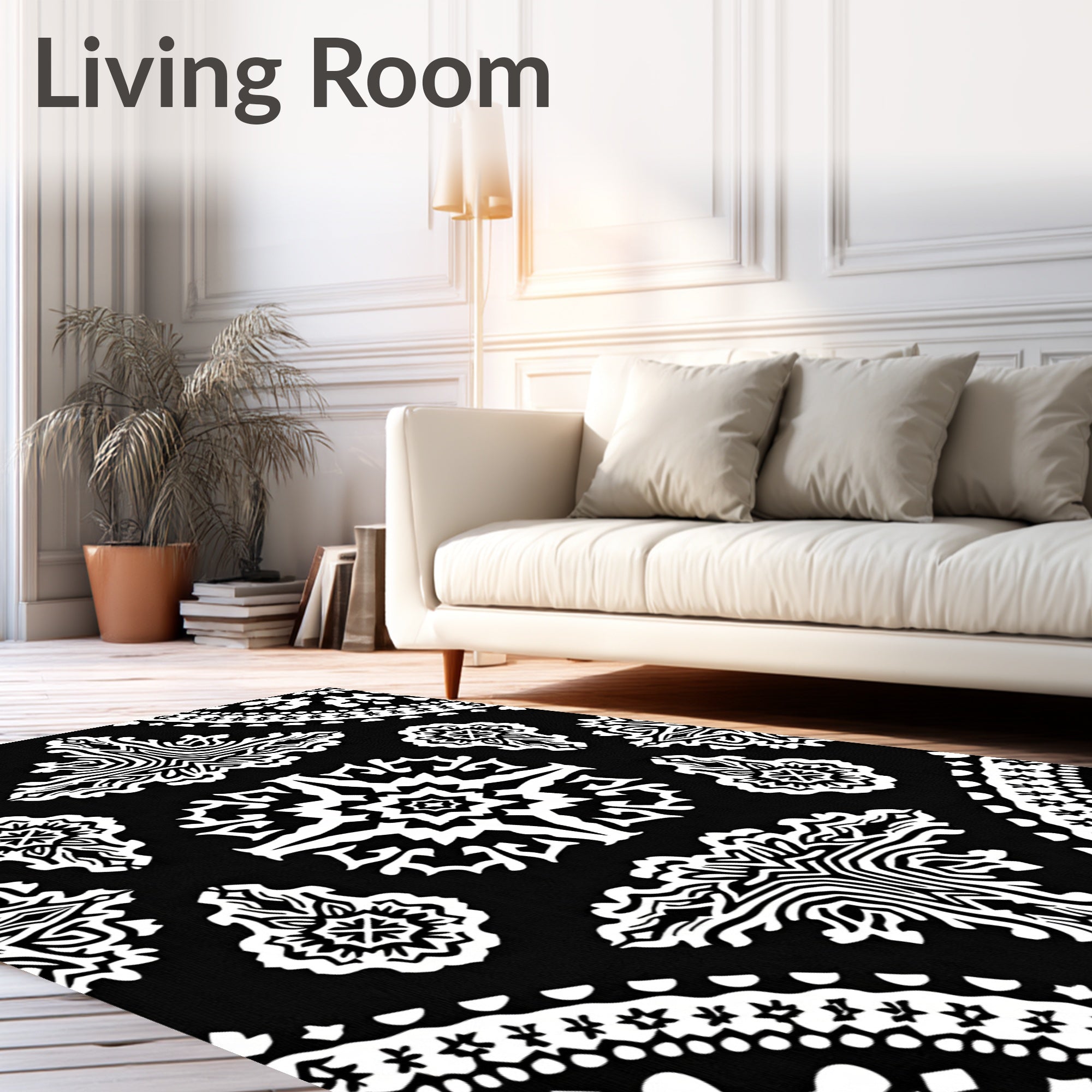 Black White Intricate Medallion Pattern Rug