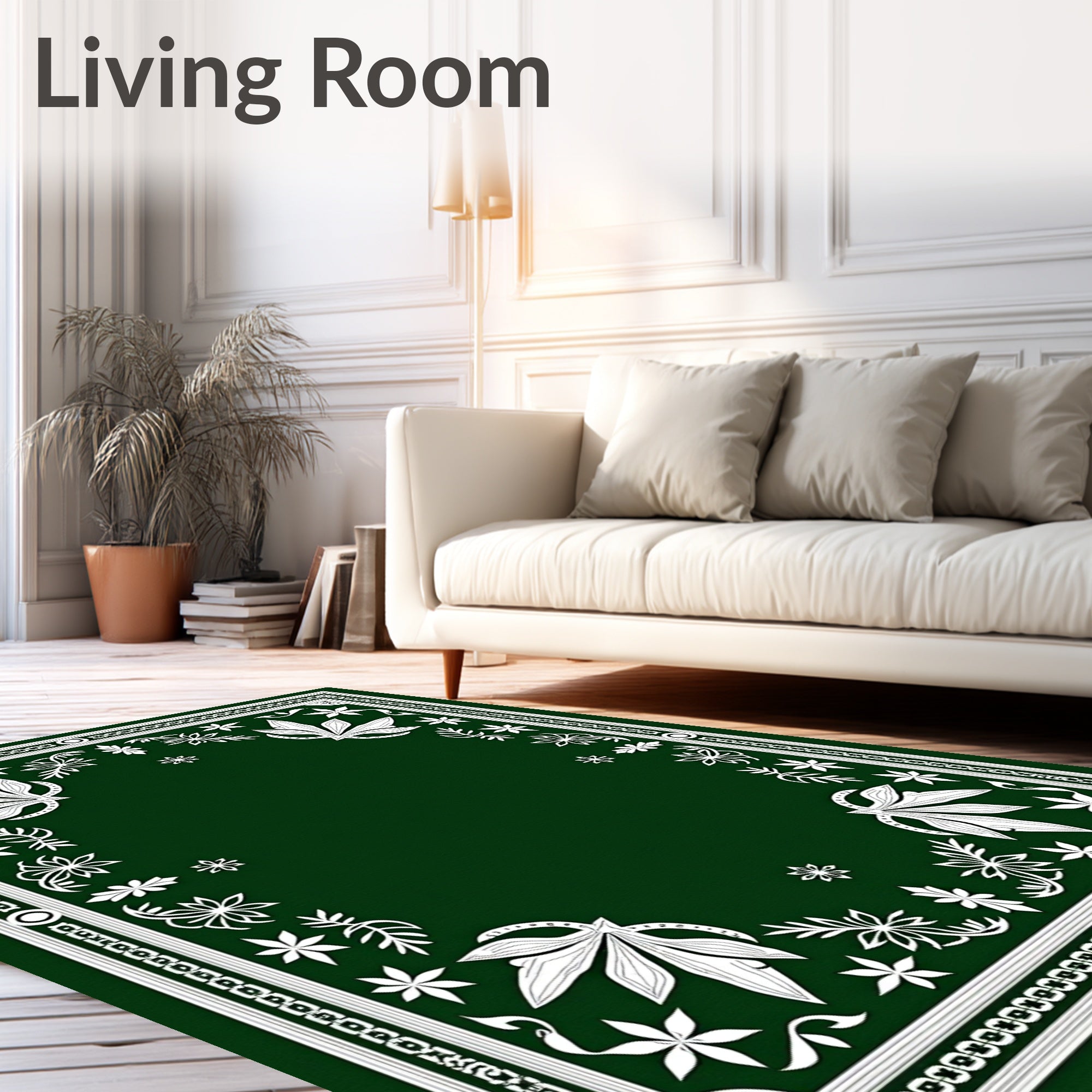 Dark Green Floral Patterned Art Rug