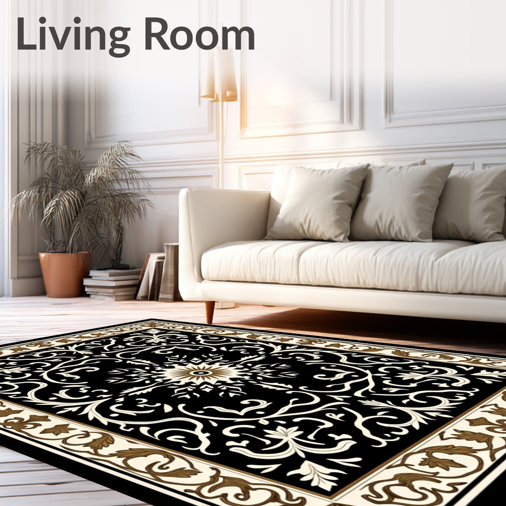 Black Floral Scrollwork Leaf Pattern Rug