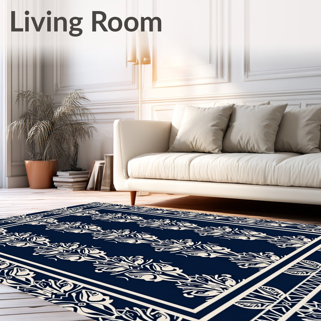 Art Deco Ivory Navy Floral Design Rug